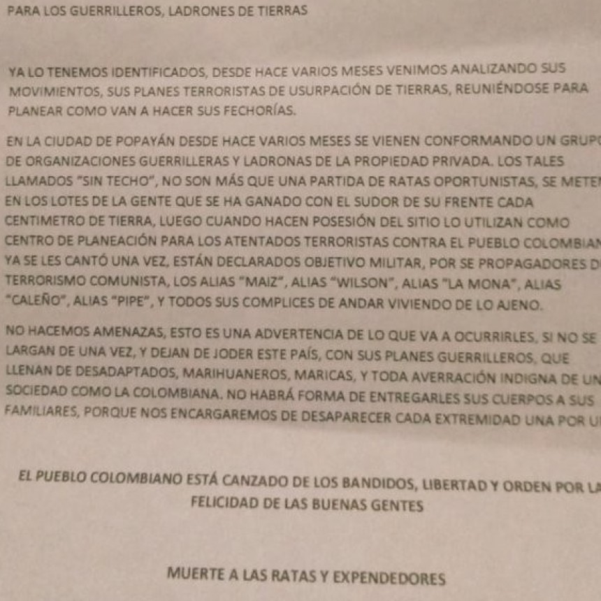 Aguilas negras amenzan a lideres y lideresas de Popayan