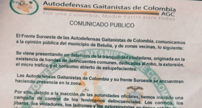 Con panfletos, las AGC amenazan a habitantes de un barrio en Betulia