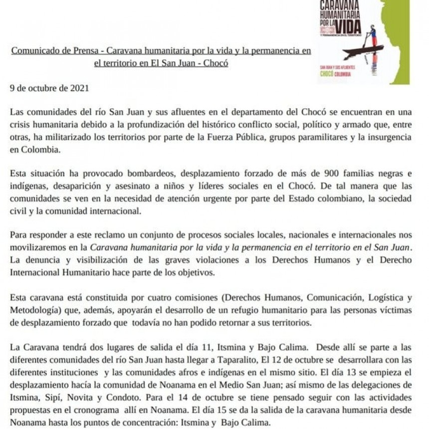 Procesos convocan nueva Caravana Humanitaria en el río San Juan, Chocó